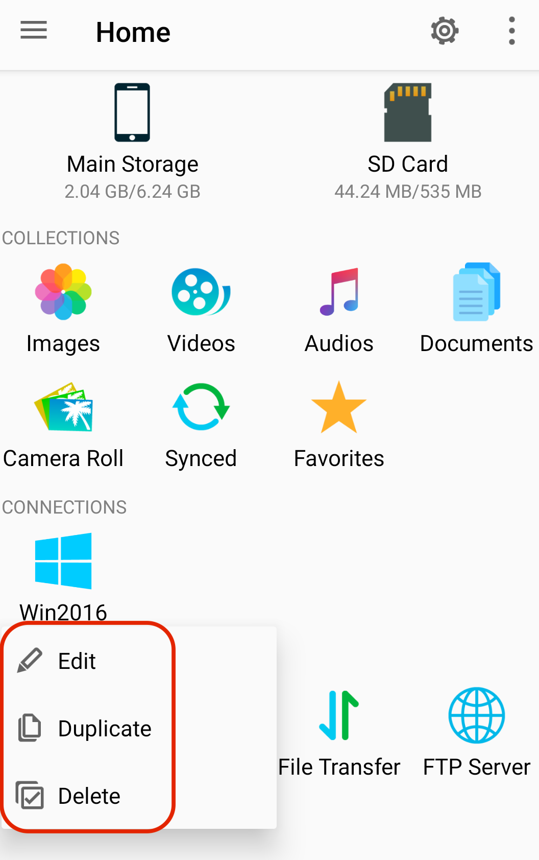 Verbindungsaktionen in FE File Explorer für Android