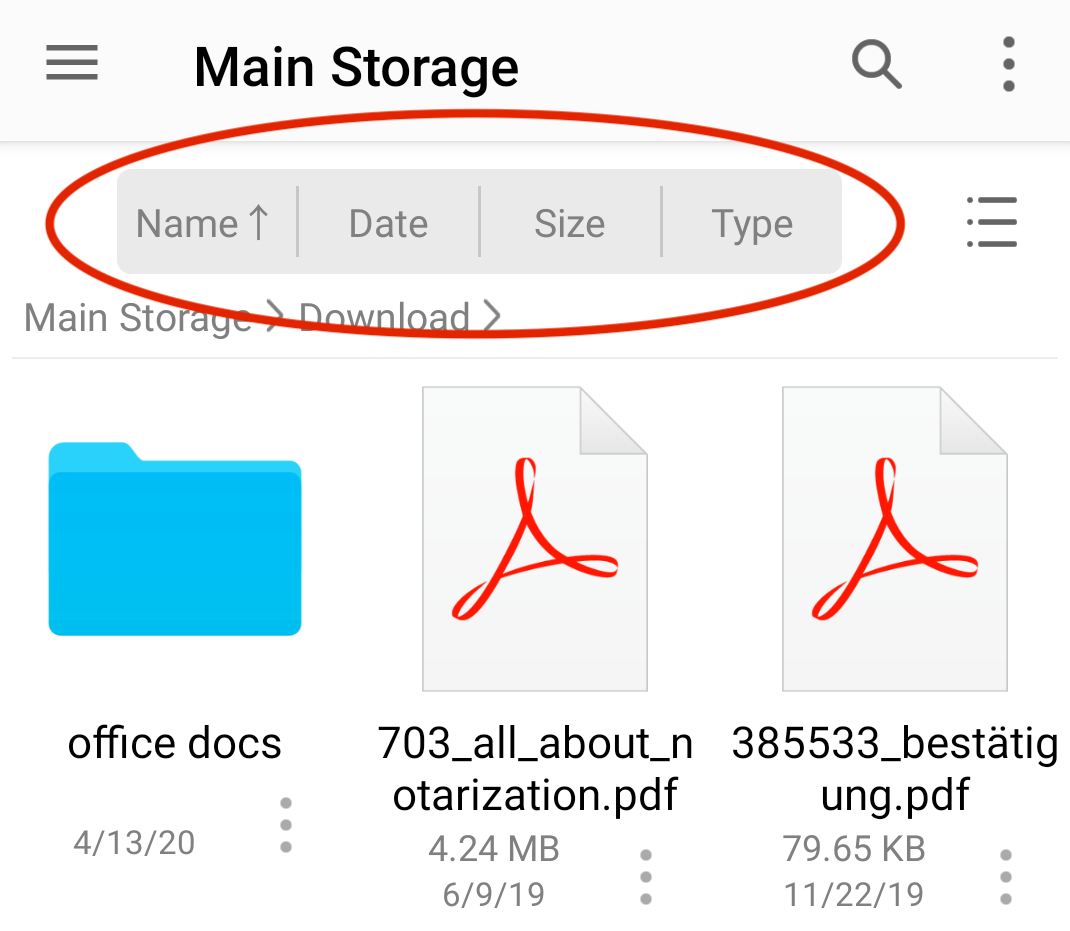 Optionen zum Sortieren von Dateien in FE File Explorer für Android