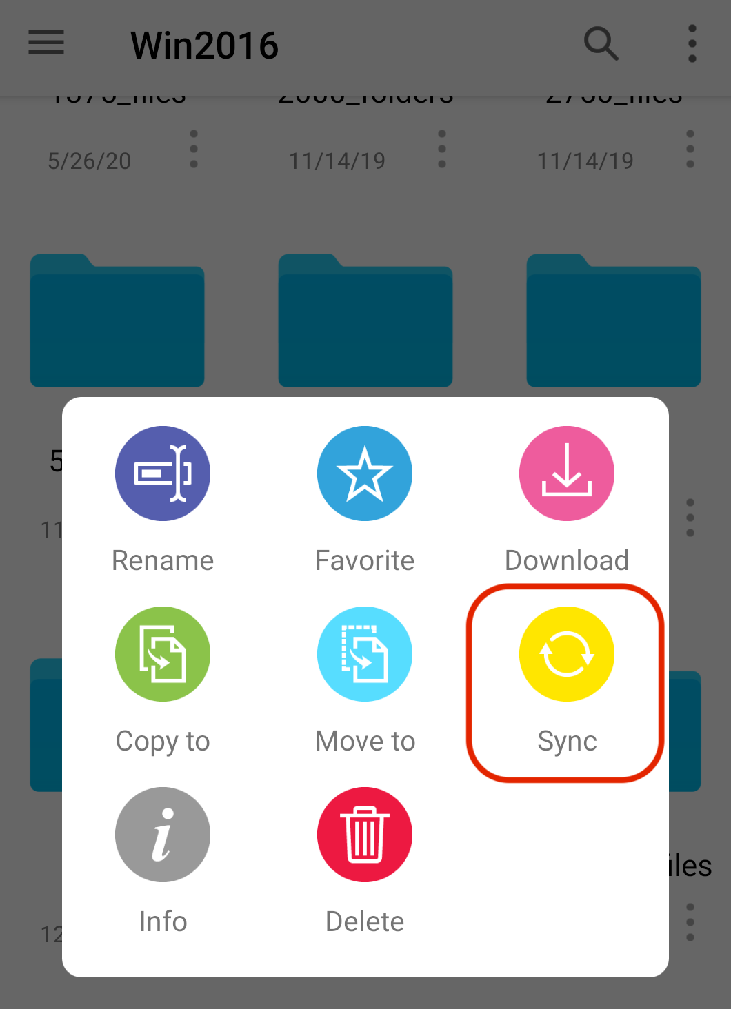 Opening the contextual menu for a remote folder