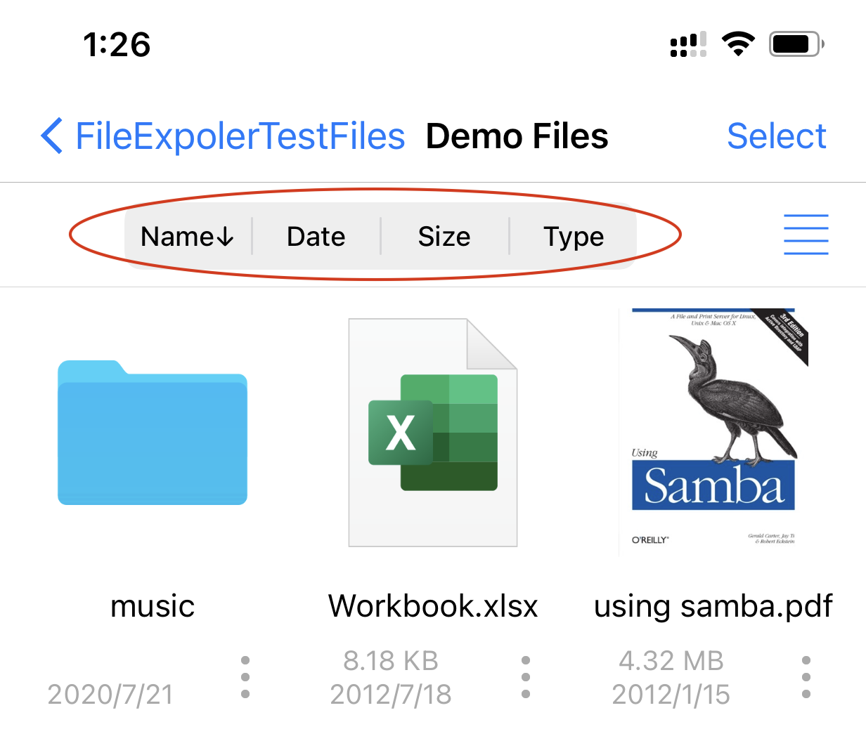 FE File Explorer の並べ替えメニュー