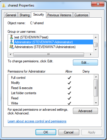 Sicherheitsberechtigungen eines Ordners in Windows 7