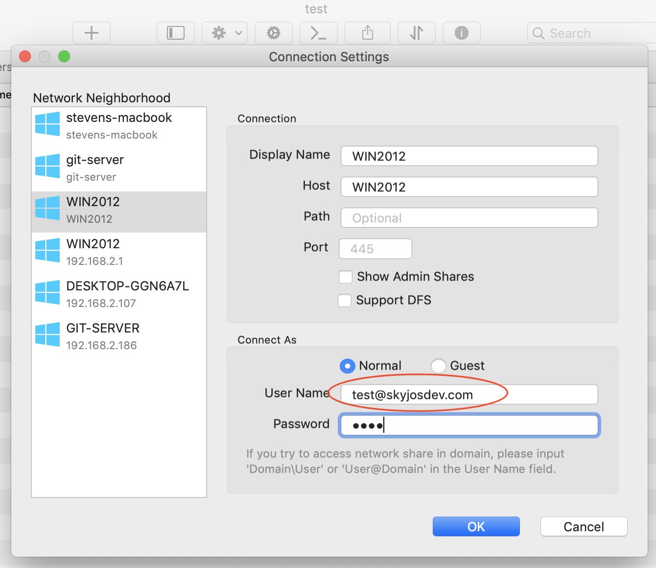 Entering credentials for a discovered server