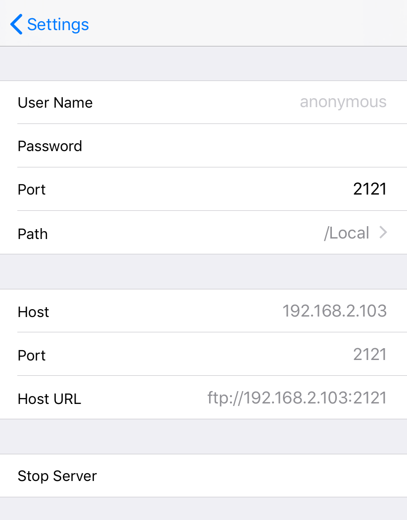 Built-in FTP server information in FTPManager