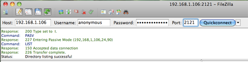 Entering FTP connection information in FileZilla