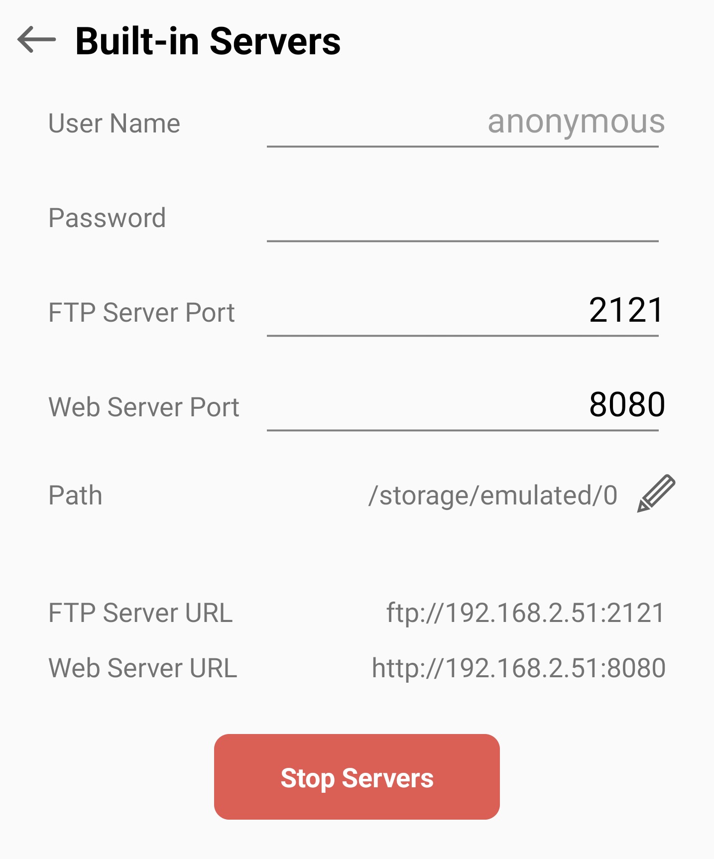 Laufender FTP-Server und seine Verbindungsadresse
