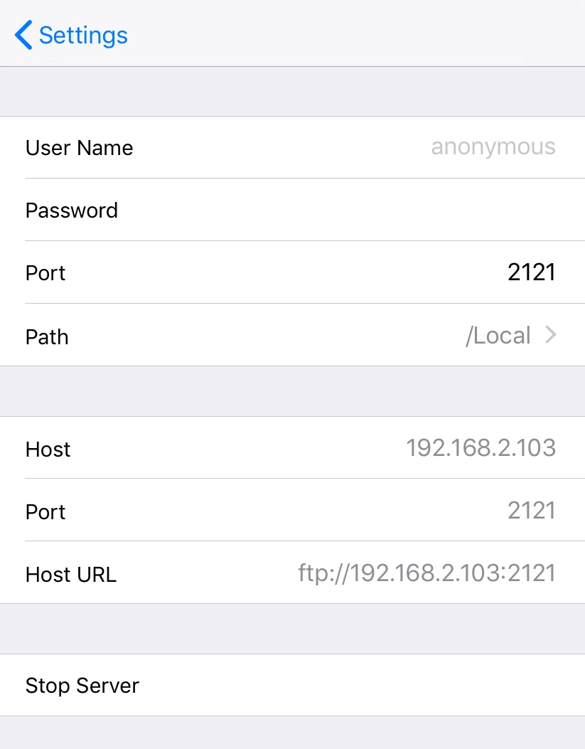 Der laufende FTP-Server und seine Verbindungsadresse