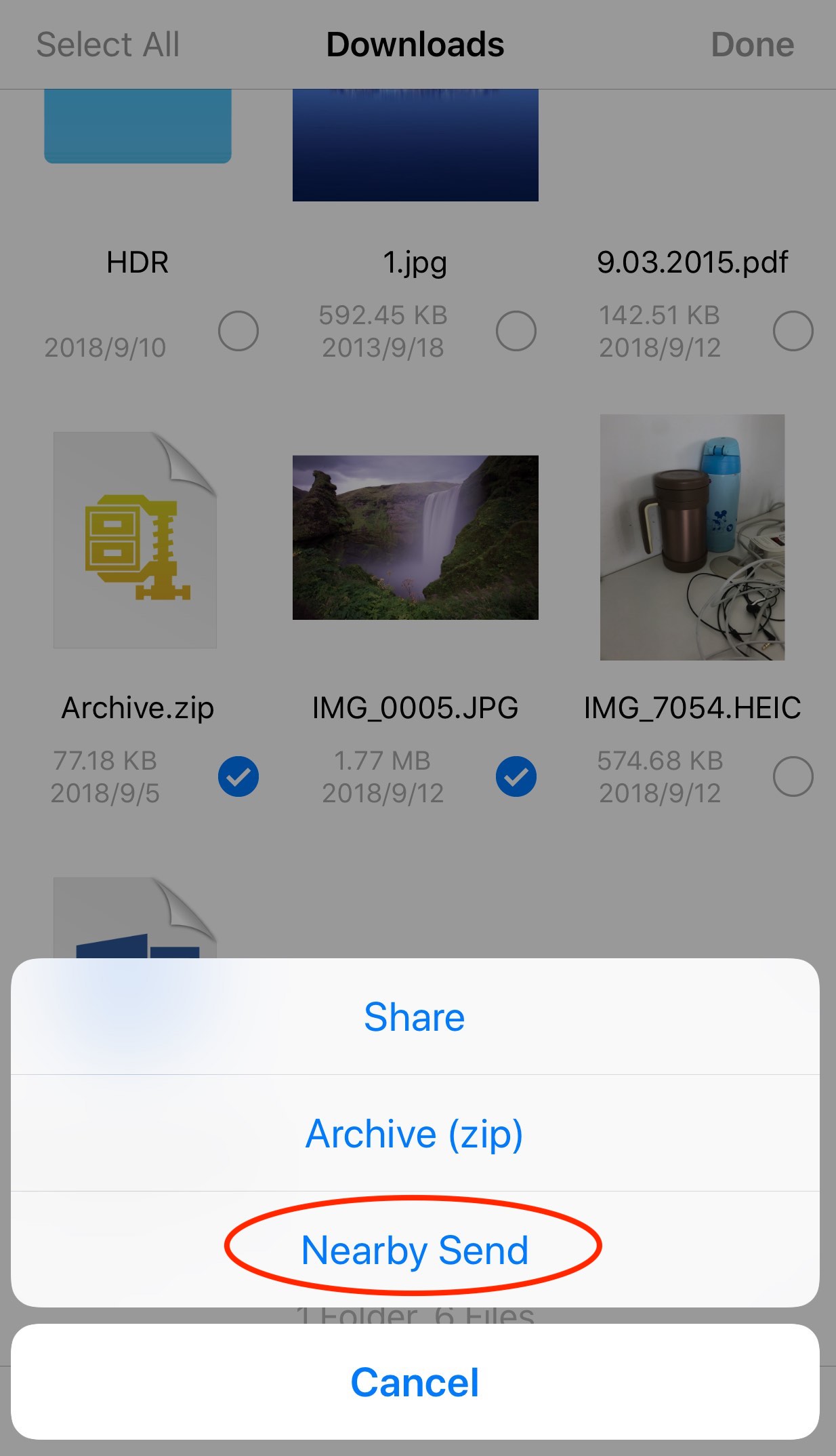 选择用于附近传输的文件